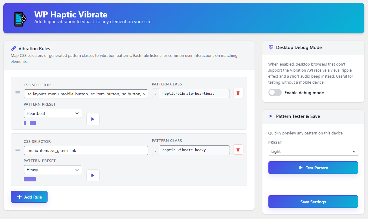 Haptic Vibrate settings screen in the WordPress admin dashboard